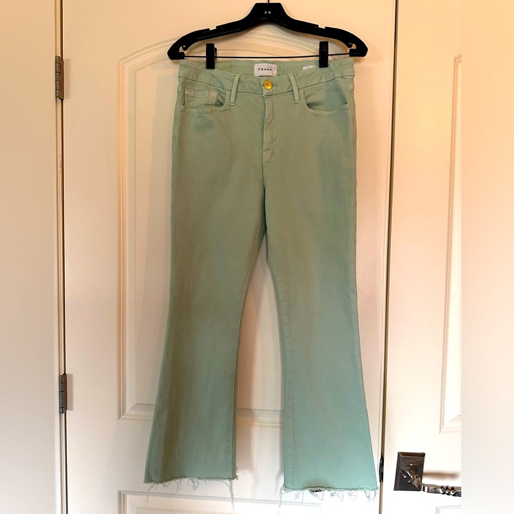 Frame Denim Le Crop Mini Boot Jeans in soft green, size 29.